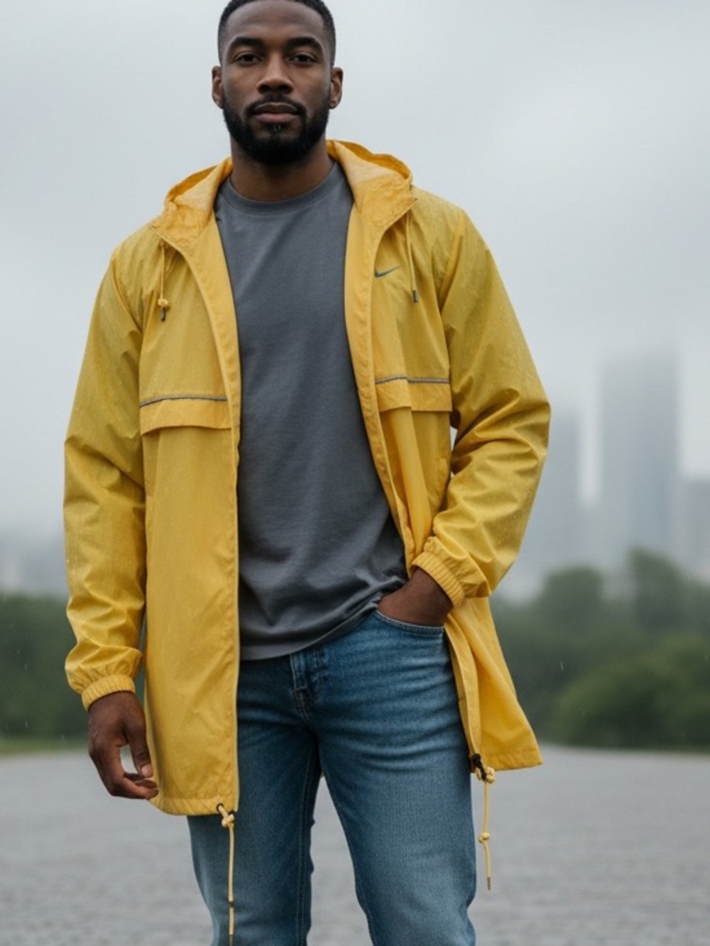 Men's Lightweight Yellow Hooded Rain Jacket Size 4X